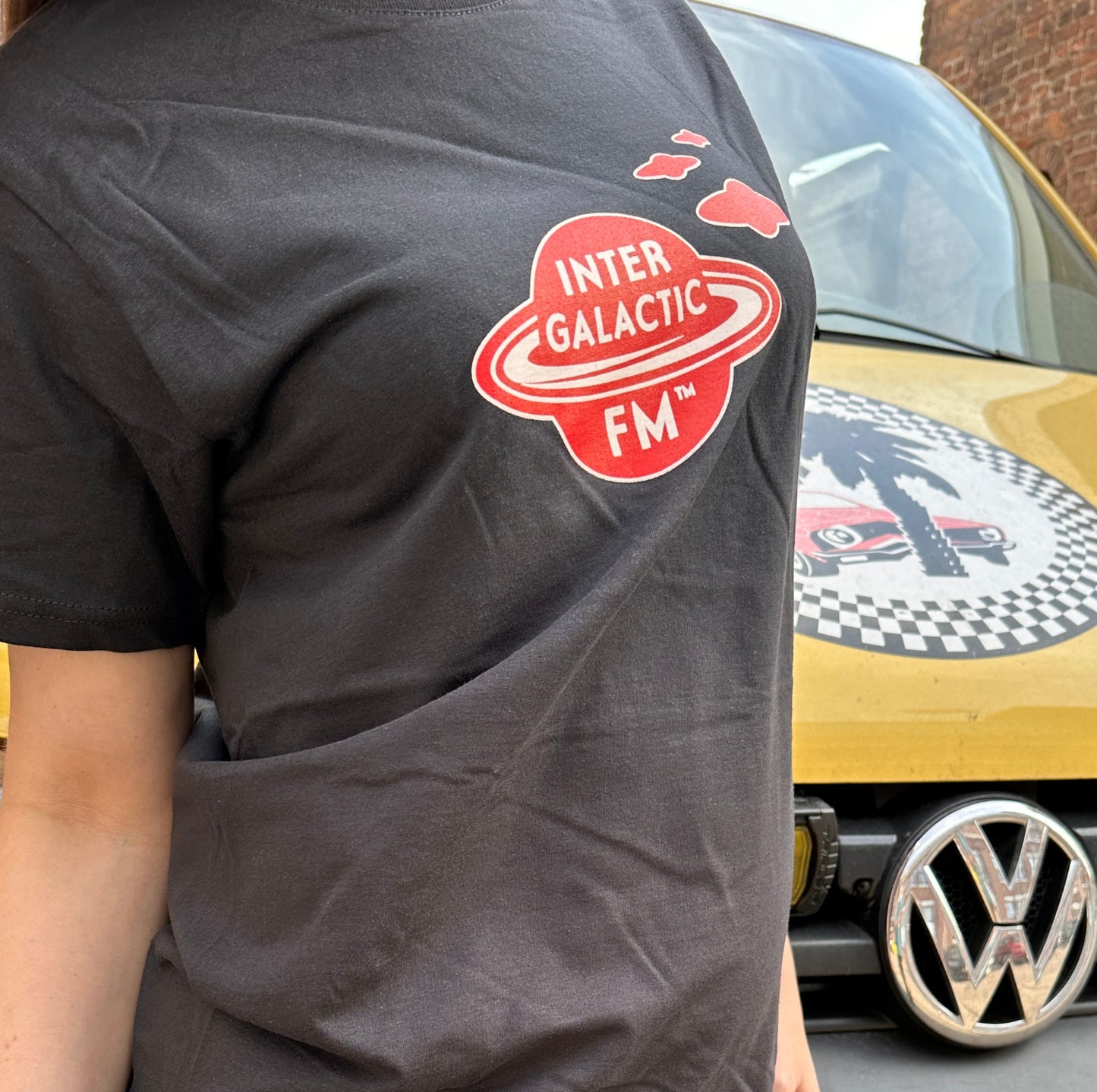 Intergalactic FM Red & White Logo on 'Used Black' T-shirt (Stock running low!)